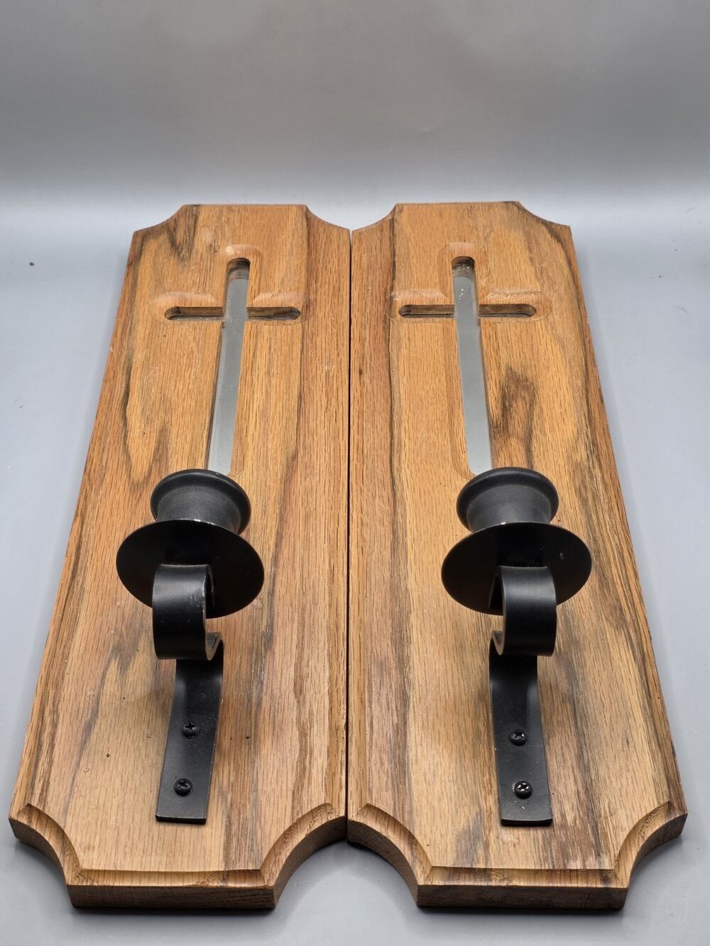 Vintage Wrought Iron Wood Wall Sconces Pair Cutout Cross Candle Holders...
